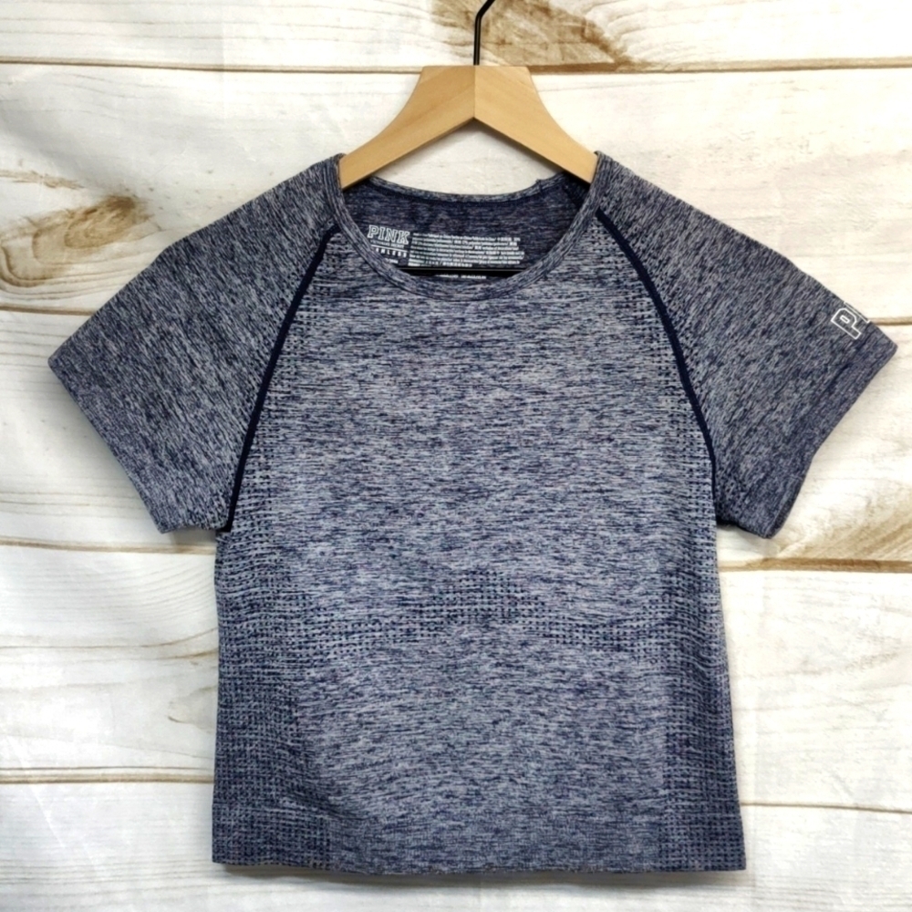 Victoria's Secret Pink Heathered Blue Seamless Fitted Short Sleeve Crop, Large